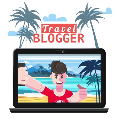 Travel blogger making video for blog or vlog. Popular young video streamer blogger man, live broadcast, podcast, online channel, laptop. Reviews, questions, answers of subscribers of the audience. Vector isolated illustration trendy flat styleのイラスト素材