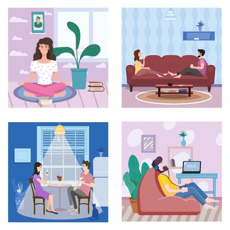 Set banner Stays at home. Woman character practicing yoga, Man listens to music. Young couple drink tea or coffee on social distancing quarantine. Vector social illustration during a virus pandemic. Banner isolatedのイラスト素材
