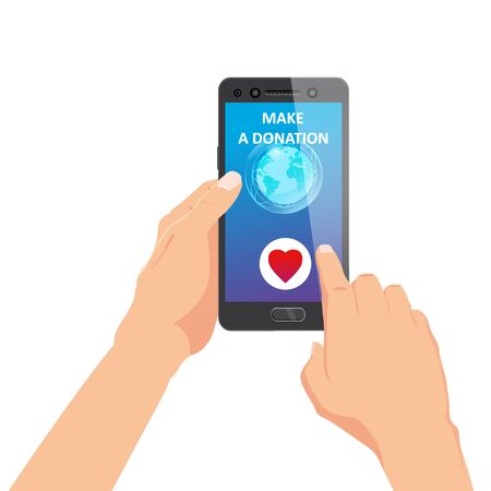 Donating money by online payments concept. Gold coin and earth planet button on smartphone screenのイラスト素材