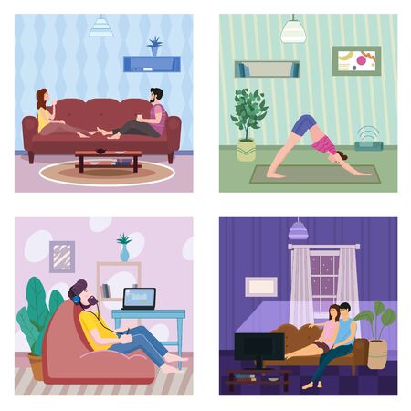 Set banner Stays at home. Woman character practicing yoga, Man listens to music. Young couple watching movies or TV shows on social distancing quarantine. social illustration during a virus pandemic. Banner isolatedのイラスト素材