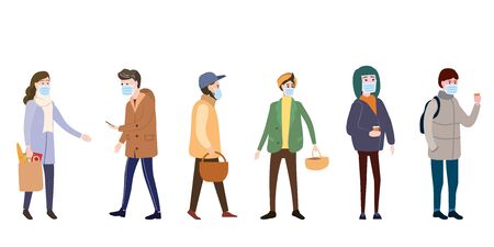 Set characters people wearing medical face masks protect themselves from COVID-19 coronavirus outbreak spreading and industrial smog dust toxic air pollution. Vector illustration isolatedのイラスト素材