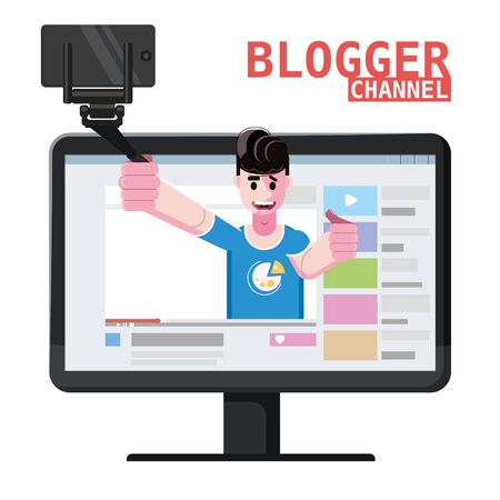 Blogger channel video for blog or vlog in interface web, holds smartphone on tripod. Popular young video streamer blogger man, live broadcast, podcast, online channel. Reviews, questions, answers of subscribers of the audience. Vector isolated illustration trendy flat styleのイラスト素材