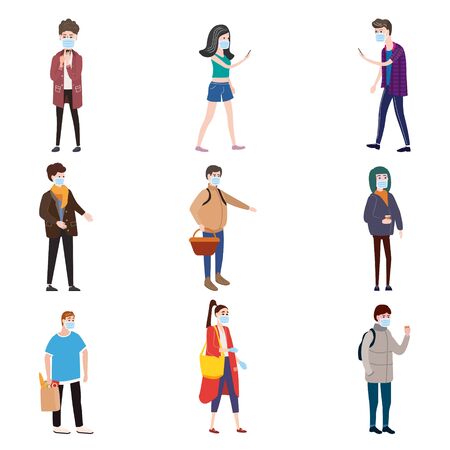 Set characters people wearing medical face masks protect themselves from COVID-19 coronavirus outbreak spreading and industrial smog dust toxic air pollution. Vector illustration isolatedのイラスト素材