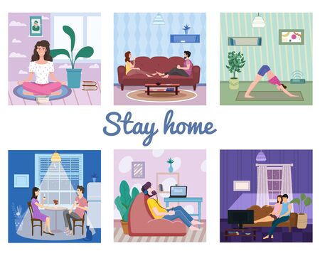 Set banner Stays at home. Woman character practicing yoga, Man listens to music. Young couple drink rea or coffee on, watching movies or TV shows social distancing quarantine. Vector social illustration during a virus pandemic. Banner isolatedのイラスト素材