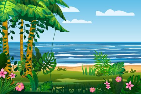 Tropical island sea ocean exotic jungle, palm trees flora, flowers, beach, surf. landscapeのイラスト素材