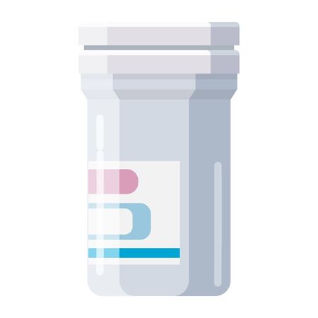 Pharmacy of plastic white bottle with cap for medicine, pills, tabs, drugs, cosmetic, sport, syrup. Template mockup packaging design. Vector illustration isolatedのイラスト素材