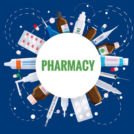 Pharmacy template frame with blister, tubes, spray, syringe, thermometer, pippete, jars pills drugs medical bottlesのイラスト素材