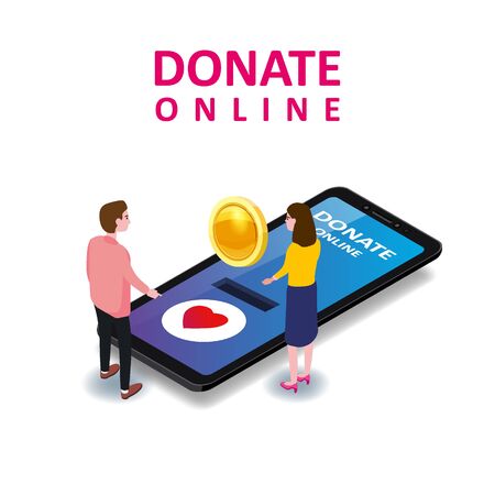 Donating online payments consept. Isometric smartphone tiny people woman man gold coin button. Modern charity. Vector illustration isolated landing templateのイラスト素材