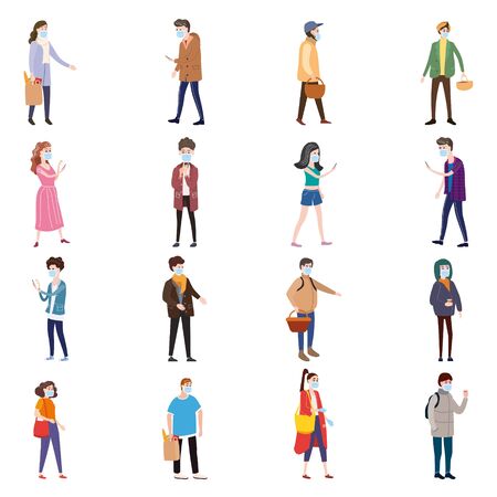 Set characters people wearing medical face masks protect themselves from COVID-19 coronavirus outbreak spreading and industrial smog dust toxic air pollution. Vector illustration isolatedのイラスト素材