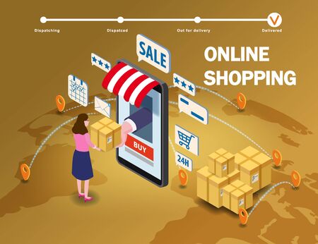 Online shopping young women character makes a purchase smartphone internet shop. Isometric supermarket with icons, awning, palnet Earth background. Vector concept and Digital marketing landing page templateのイラスト素材