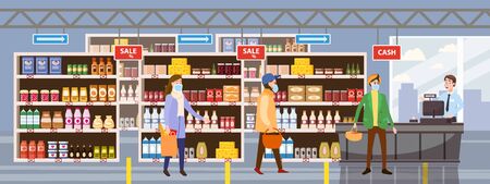 Big Shop Super Market Shopping Mall Interior store inside shelves with dairy products. People buyers in medical masks in line at cash desk. Flat Vector Illustrationのイラスト素材