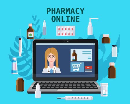Online pharmacy store pharmacept women offers drugs pills bottles. Laptop concept site healthcare and shopping medicines. Vector isolated cartoon flat style illustrationのイラスト素材