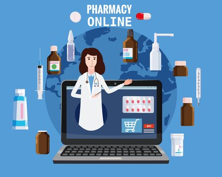 Online pharmacy store pharmacept women offers drugs pills bottles. Laptop concept site healthcare and shopping medicines. Vector isolated cartoon flat style illustrationのイラスト素材