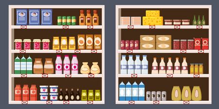 Supermarket shelves with dairy products. Vector background.のイラスト素材