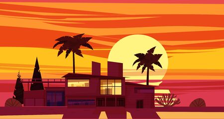 Sea shore sunset beach luxury cottage villa house for rest with palms and plants, sea, oceanのイラスト素材