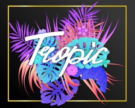 Summer trendy neon tropical leaves exotical plants palm jungle leaf. Lettering trending colors on dark background template banner.のイラスト素材