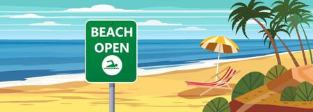 Summer beach banner Open. Seascape ocean shore tropical flora palmsのイラスト素材