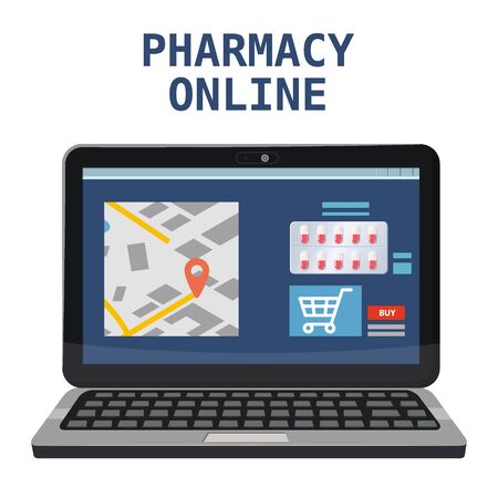 Online pharmacy store offers drugs pills bottles. Laptop consept site healthcare and shopping medicines. Vector isolated cartoon flat style illustrationのイラスト素材