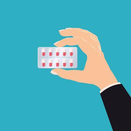 Hand holds medicine pharmacy blister red pills drug medicines. Vector illustration cartoon flat style isolatedのイラスト素材