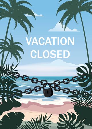 Vacation to closed lock chain. Entrance on the beach is closed. Summertime palms and plants around. Cartoon vector illustration. Summer vacation on sea coast bannedのイラスト素材