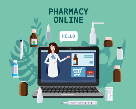Online pharmacy store pharmacept women offers drugs pills bottles. Laptop consept site healthcare and shopping medicines. Vector isolated cartoon flat style illustrationのイラスト素材