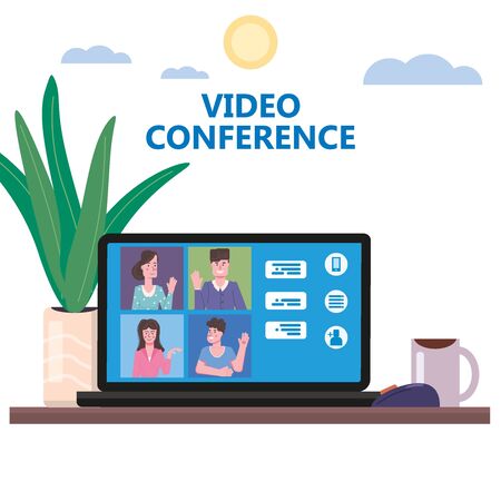 Video conference people on computer screen laptop talking by internet in videocall, chat, UI software. Online meeting team working from home workspace remote management communication meeting. Vector illustration isolated trendy flat styleのイラスト素材