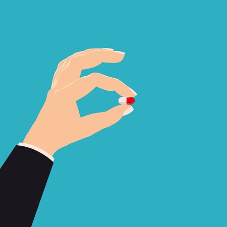 Hand hold pharmacy pill medicine. Template banner vector illustration isolated cartoon flat styleのイラスト素材