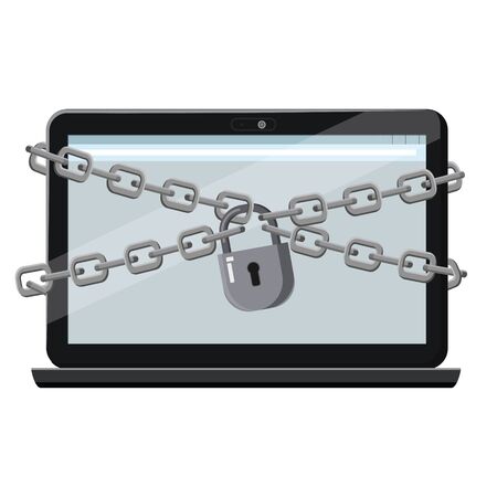 Laptop computer notebook are bound with chains and locked with a padlockのイラスト素材