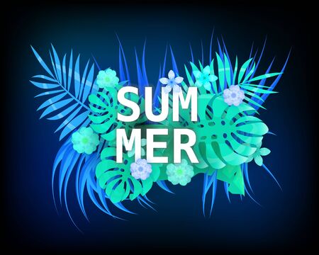 Summer trendy neon tropical leaves exotical plants palm jungle leaf. Trending colors on dark background template banner. Vector illustration isolatedのイラスト素材