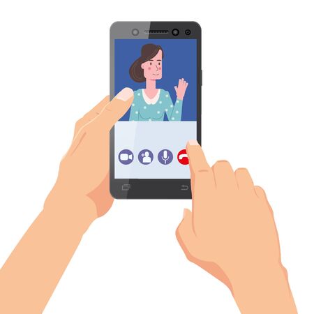 Hand holds smartphone. Video conference man on screen phone talking by internet in videocall, chat, UI,UX interface. Online meeting team workspace remote management communication meeting. Vector illustration isolated trendy flat styleのイラスト素材