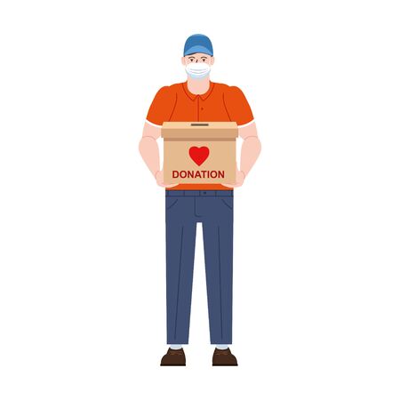 Volunteer man character in medical protective mask with donation boxのイラスト素材