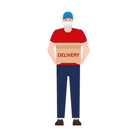 Safe Delivery courer man in medical protective mask with package boのイラスト素材