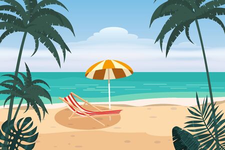 Summer Vacation Loungers On Sea Beach Landscape Beautiful Seascape Banner Seaside Holiday Vector Illustrationのイラスト素材