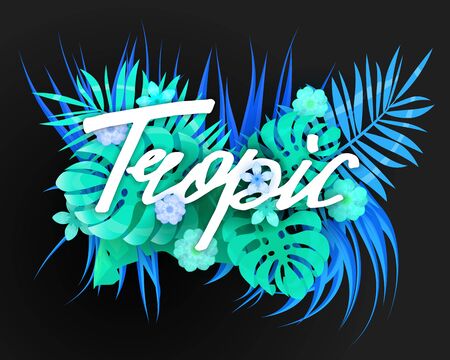 Summer trendy neon tropical leaves exotical plants palm jungle leaf lettering trending colorsのイラスト素材