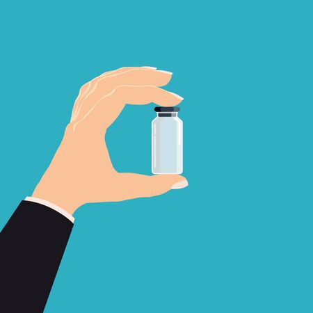Hand hold pharmacy bottle glass medicine. Template banner vector illustration isolated cartoon flat styleのイラスト素材
