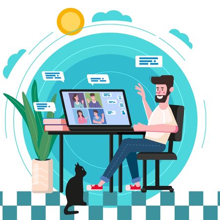Man worked from home Video conference people on computer screen laptop talking by internet in videocall, chatのイラスト素材