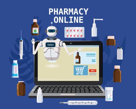 Online pharmacy store pharmacept chat bot offers drugs pills bottles. Laptop consept site healthcare and shopping medicines. Vector isolated cartoon flat style illustrationのイラスト素材
