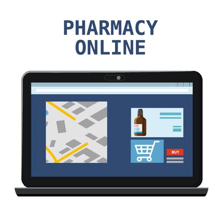 Online pharmacy store offers drugs pills bottles. Laptop consept site healthcare and shopping medicines. Vector isolated cartoon flat style illustrationのイラスト素材