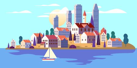 Coastal exotic resort city seaside island houses hotels, skyscrapers on the ocean beachのイラスト素材