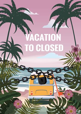 Vacation to closed lock chain. Entrance on the beach is closed. Summertime palms and plants around surfer van. Cartoon vector illustration. Summer vacation on sea coast bannedのイラスト素材