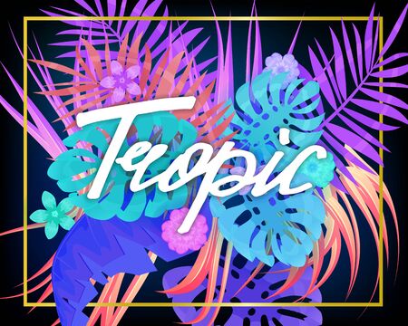 Summer trendy neon tropical leaves exotical plants palm jungle leaf lettering trending colorsのイラスト素材