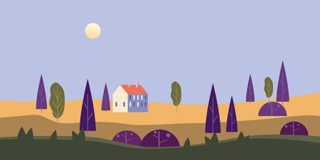 Landscape rural countryside scenery. Farm house, trees, panorama spring, summer season, sun sunsetのイラスト素材