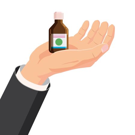 Hand hold pharmacy bottle glass medicine with screw cap for medicine, pills, tabs, drugs, cosmetic, sport, syrup. Template banner vector illustration isolated cartoon flat styleのイラスト素材
