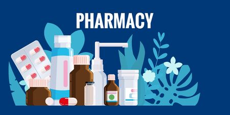 Pharmacy template frame with blister, spray, thermometer, jars, pills drugs medical bottlesのイラスト素材