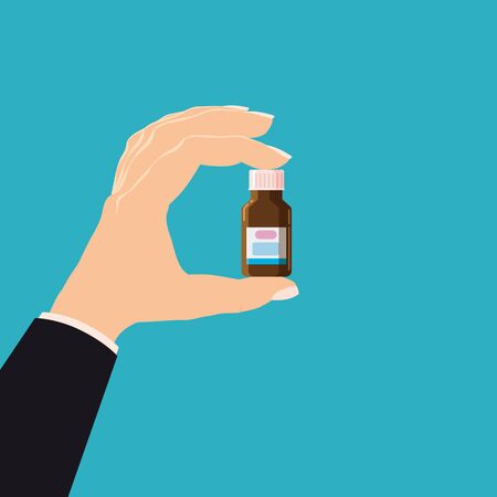 Hand hold pharmacy bottle glass medicine with screw cap for medicine, pills, tabs, drugs, cosmetic, sport, syrup. Template banner vector illustration isolated cartoon flat styleのイラスト素材