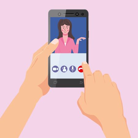Hand holds smartphone. Video conference woman on screen phone talking by internet in video call, chat, UI,UX interface. Online meeting team workspace remote management communication meeting. Vector illustration isolated trendy flat styleのイラスト素材