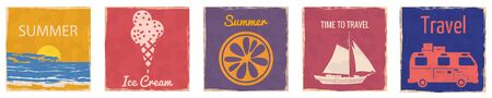 Set Van Camper Ice Cream Slice Orange Sunset vintage cards poster. Textured grunge effect retro card with text Time To Travel Summer Vector illustration silhouette isolatedのイラスト素材