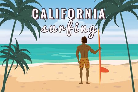 Summer beach surfer character man with surfboard on California ocean coastのイラスト素材