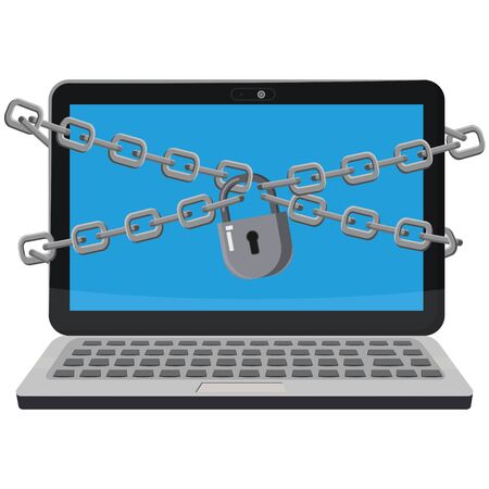 Laptop computer notebook are bound with chains and locked with a padlockのイラスト素材