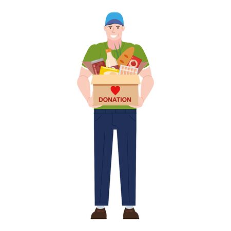 Volunteer man character with donation food box. Social care and charity concept illustration. Vector isolated flat cartoon styleのイラスト素材